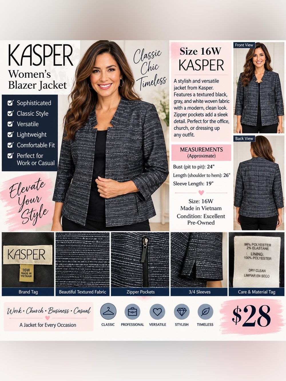 Kasper Black & Gray Textured Collarless Blazer